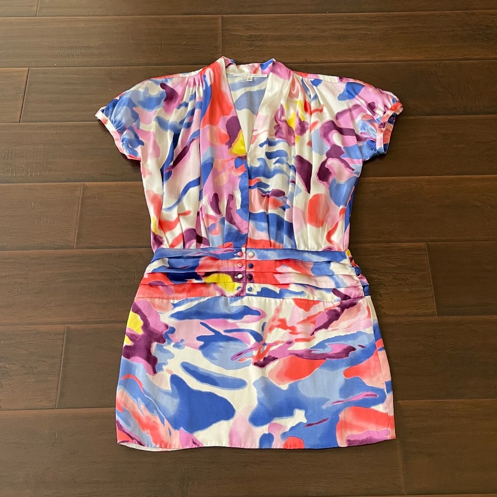 VTG Walter Women's Colorful Watercolor V-neck 100% Silk Mini Dress Sz 8